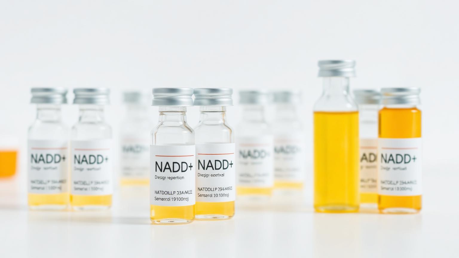 Laboratory research vials of NAD+ on a clean white background